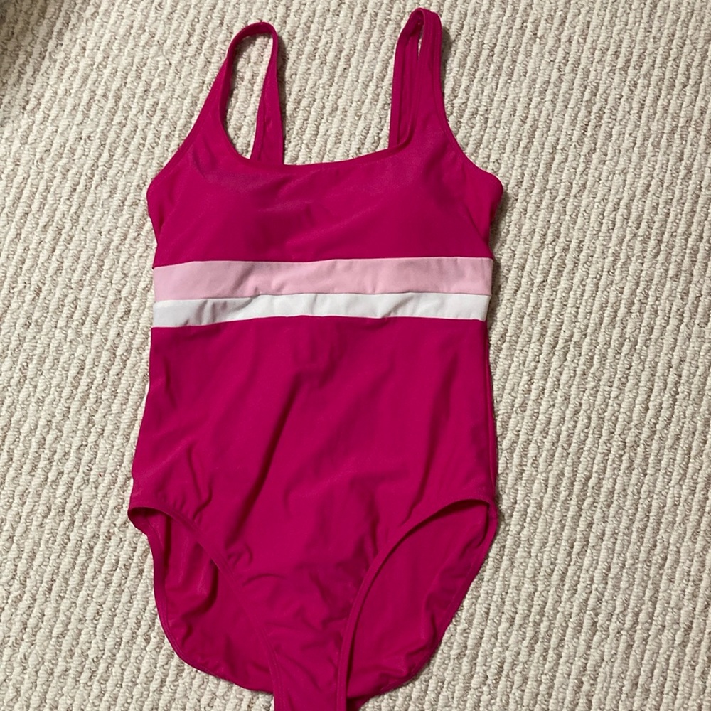Cherokee one piece swimsuit in pink with stripes across the middle - size L